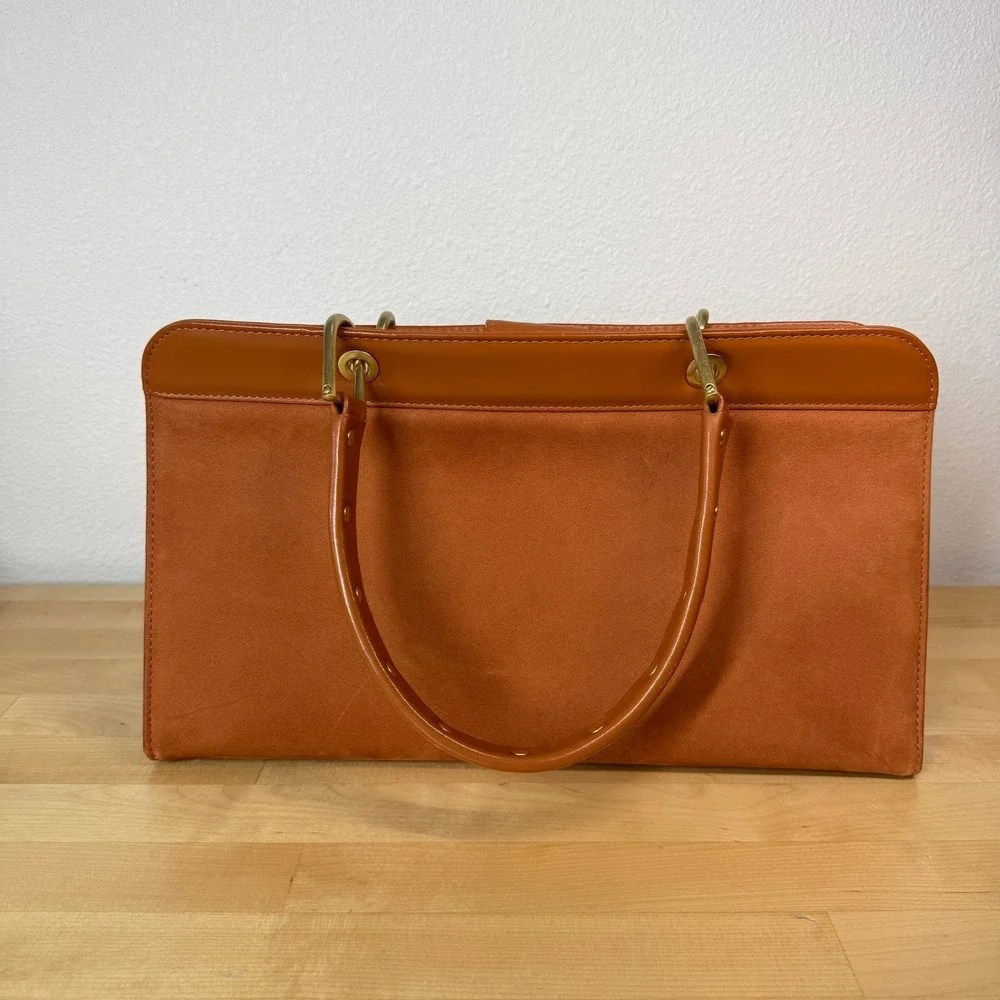 Samantha Thavasa New York Cognac Leather Suede Studded Satchel Handbag *FLAW